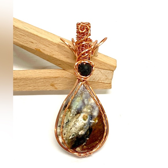 HANDCRAFTED Plume Agate Hand Wrapped Pure Copper Lava Bead Statement Pendant - Picture 3 of 10